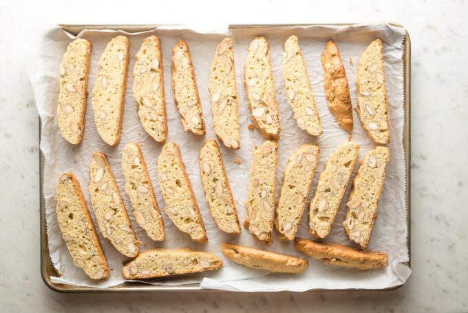 Sliced biscotti ready to return to the oven for its second bake.