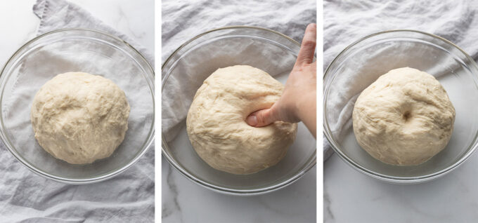 Collage showing a ball of dough, a thumb poking it, and the resulting small indentation in the dough.