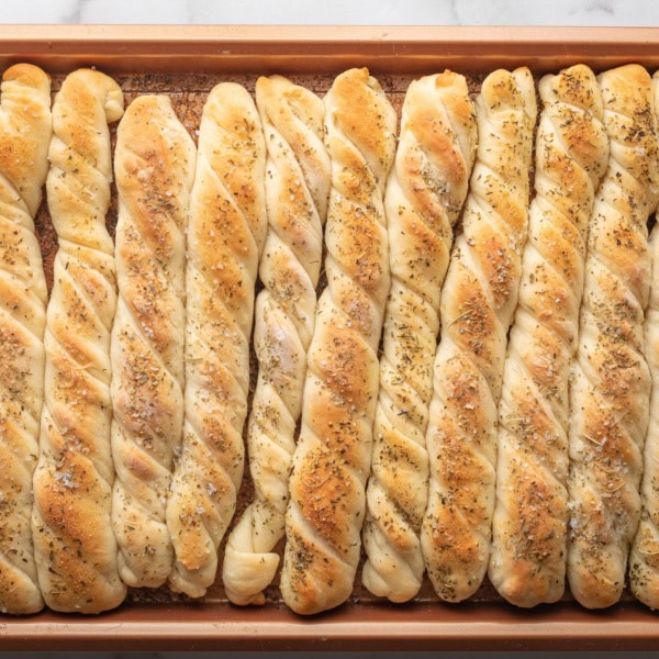 Just-baked homemade breadsticks.