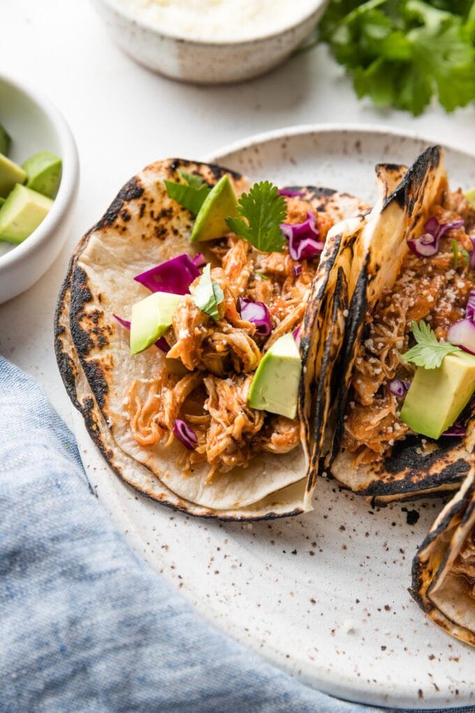 Close up of a chicken Tinga taco served with avocado, Cotija, and shredded red cabbage.