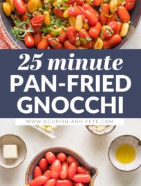 We love that this recipe for Pan Fried Gnocchi with roasted tomatoes and fresh basil is light, flavorful, and comes together in about 25 minutes. It also has an especially nice contrast of textures from the juicy burst tomatoes, crisp edges, and tender interiors of the skillet-cooked gnocchi.