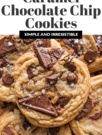 Salted Caramel Chocolate Chip Cookies are a dreamy mix of cozy and elevated, with craggy bits of dark chocolate caramel and flaked sea salt pressed into a tender, chewy chocolate chunk cookie base. I've made these nearly a dozen times yet always surprised by just how quickly they disappear!