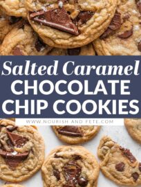 Salted Caramel Chocolate Chip Cookies are a dreamy mix of cozy and elevated, with craggy bits of dark chocolate caramel and flaked sea salt pressed into a tender, chewy chocolate chunk cookie base. I've made these nearly a dozen times yet always surprised by just how quickly they disappear!