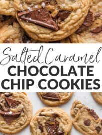 Salted Caramel Chocolate Chip Cookies are a dreamy mix of cozy and elevated, with craggy bits of dark chocolate caramel and flaked sea salt pressed into a tender, chewy chocolate chunk cookie base. I've made these nearly a dozen times yet always surprised by just how quickly they disappear!