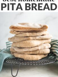 This super simple Whole Wheat Pita Bread blows store-bought versions out of the water! With an unbelievably soft, fluffy texture, a slightly sweet taste, and beautiful pockets, this is the only homemade pita recipe you need.