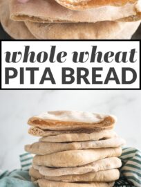 This super simple Whole Wheat Pita Bread blows store-bought versions out of the water! With an unbelievably soft, fluffy texture, a slightly sweet taste, and beautiful pockets, this is the only homemade pita recipe you need.