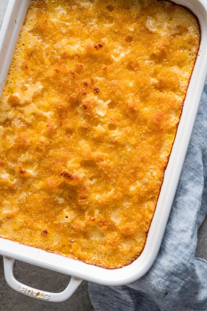 Golden brown baked mac and cheese with breadcrumbs on top.