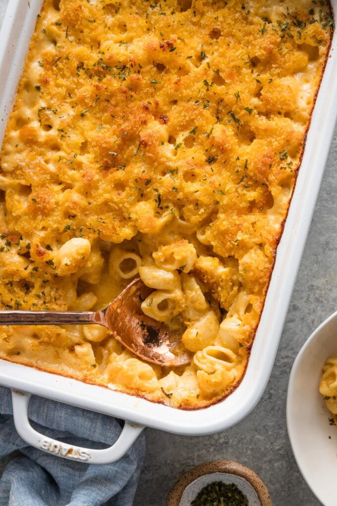 Large baking dish full of creamy baked mac and cheese with a breadcrumb topping.