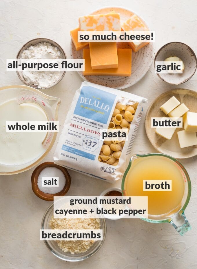 Labeled overhead photo of pasta, bricks of cheese, vegetable broth, milk, all-purpose flour, salt and pepper, ground mustard, cayenne pepper, breadcrumbs, butter, and garlic cloves.