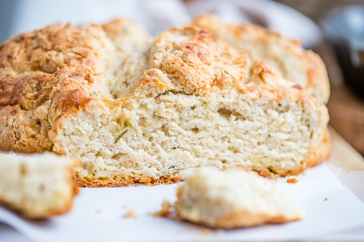 Close-up of a cut-open loaf of Irish soda bread.