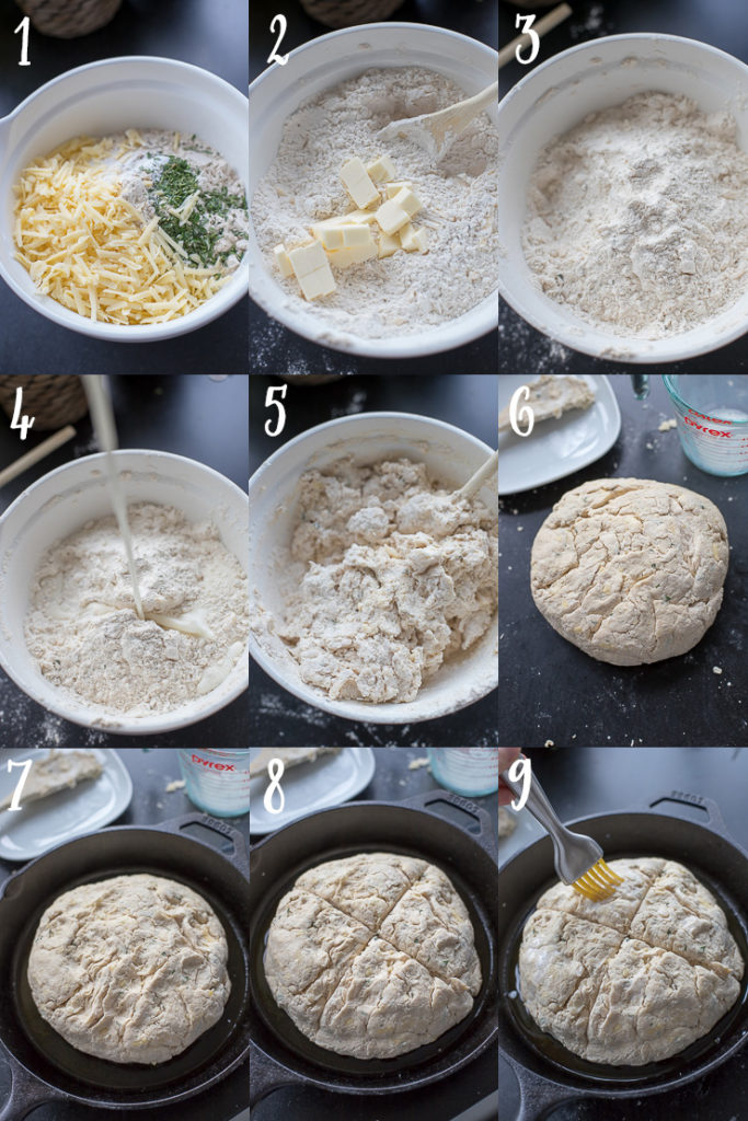 Step-by-step photos of how to make savory Irish soda bread in a skillet.