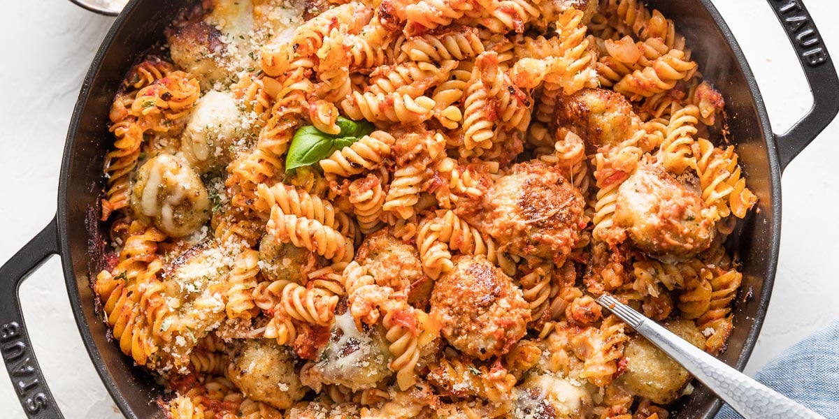 Chicken Parmesan Pasta Bake (with Meatballs!) - Nourish and Fete