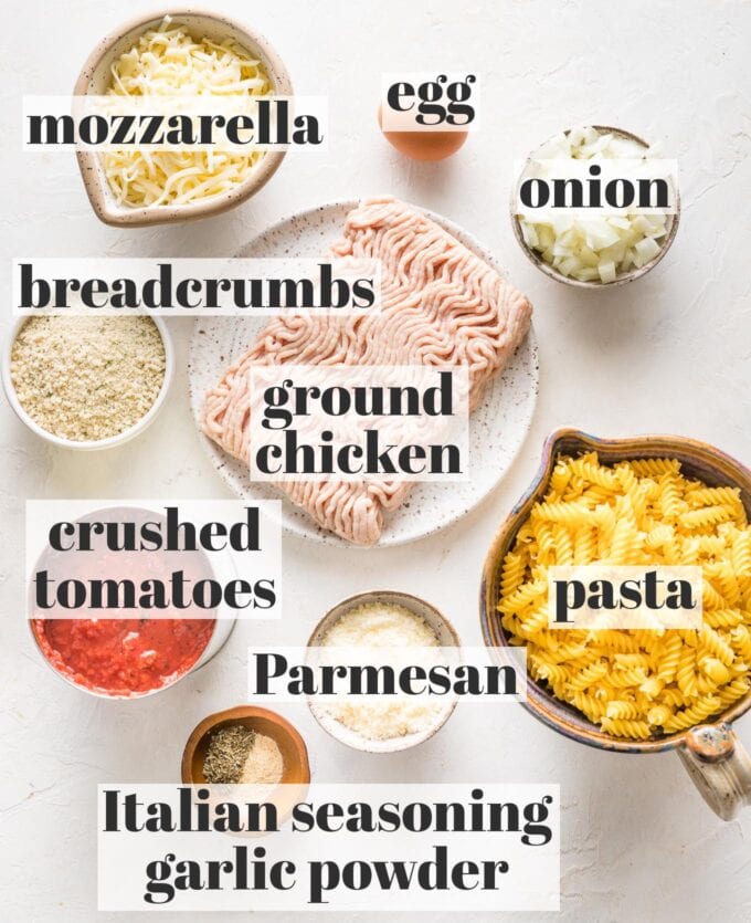 Labeled photo of uncooked pasta, ground chicken, mozzarella and Parmesan cheese, an egg, chopped onion, breadcrumbs, crushed canned tomatoes, and Italian seasoning and garlic powder in prep bowls and plates.