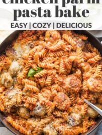 Everyone’s beloved chicken Parmesan in the form of an easy baked pasta with tender meatballs, melty mozzarella, an easy homemade sauce!