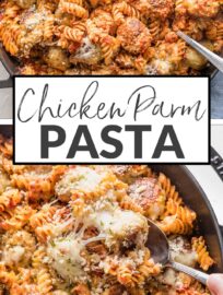 Everyone’s beloved chicken Parmesan in the form of an easy baked pasta with tender meatballs, melty mozzarella, an easy homemade sauce!