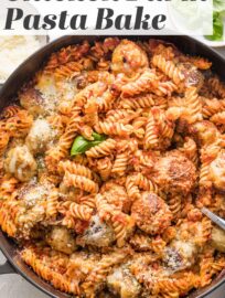 Everyone’s beloved chicken Parmesan in the form of an easy baked pasta with tender meatballs, melty mozzarella, an easy homemade sauce!