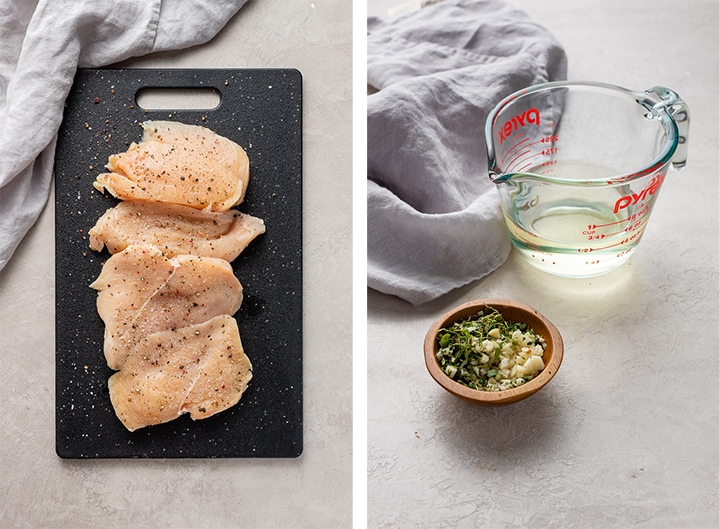Ingredients - chicken breasts, white wine, minced garlic and thyme.