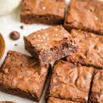 Close-up of cut chewy brownies.