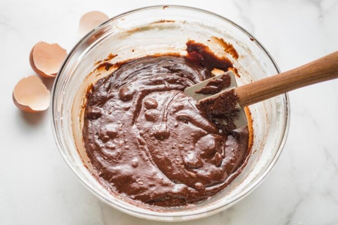 Batter with flour and chocolate chips mixed in.