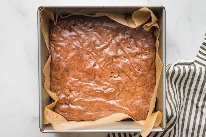 Baked brownies, uncut, in the pan.