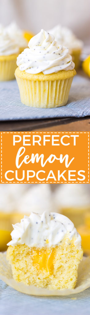 Perfect filled lemon cupcakes - a moist, light cupcake filled with sweet, creamy lemon curd and topped with poppyseed cream cheese frosting. Your perfect citrus dessert for spring and summer!