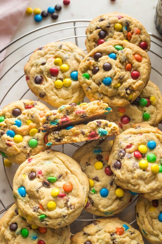 Close up of a chocolate chip M&M cookie.