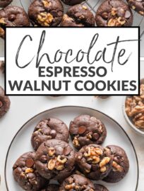 Thick, chewy double chocolate cookies with a hint of espresso and plenty of walnuts mixed in. These are a rich treat, perfect for pairing with coffee and sharing with your favorite friends.