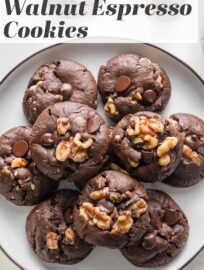 Thick, chewy double chocolate cookies with a hint of espresso and plenty of walnuts mixed in. These are a rich treat, perfect for pairing with coffee and sharing with your favorite friends.