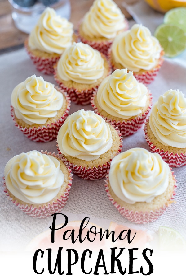 A citrus-filled, boozy cupcake made with tequila, lime, and grapefruit, inspired by a crisp Mexican Paloma cocktail. A show-stopping dessert for Cinco de Mayo or any summer party! #paloma #cincodemayo #boozycupcakes