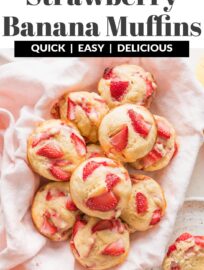 Moist, tender strawberry banana muffins with Greek yogurt are a sweet treat for breakfast, brunch, or snacks. Mix them quickly by hand in one bowl to use up some ripening bananas and create a fun contribution to your daily fruit intake!