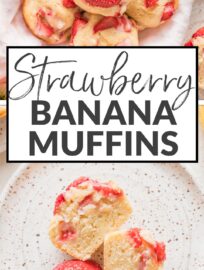 Moist, tender strawberry banana muffins with Greek yogurt are a sweet treat for breakfast, brunch, or snacks. Mix them quickly by hand in one bowl to use up some ripening bananas and create a fun contribution to your daily fruit intake!