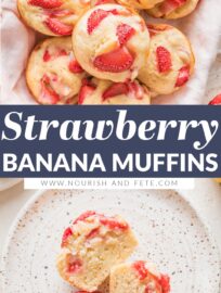 Moist, tender strawberry banana muffins with Greek yogurt are a sweet treat for breakfast, brunch, or snacks. Mix them quickly by hand in one bowl to use up some ripening bananas and create a fun contribution to your daily fruit intake!