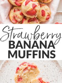 Moist, tender strawberry banana muffins with Greek yogurt are a sweet treat for breakfast, brunch, or snacks. Mix them quickly by hand in one bowl to use up some ripening bananas and create a fun contribution to your daily fruit intake!