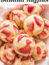 Moist, tender strawberry banana muffins with Greek yogurt are a sweet treat for breakfast, brunch, or snacks. Mix them quickly by hand in one bowl to use up some ripening bananas and create a fun contribution to your daily fruit intake!