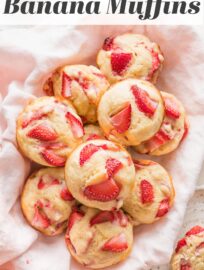 Moist, tender strawberry banana muffins with Greek yogurt are a sweet treat for breakfast, brunch, or snacks. Mix them quickly by hand in one bowl to use up some ripening bananas and create a fun contribution to your daily fruit intake!