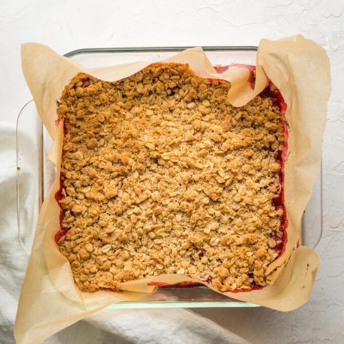 Baked bars in glass pan.