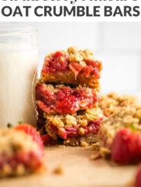 Collage image with text reading "strawberry rhubarb oat crumble bars."
