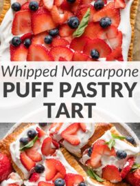 This puff pastry tart with whipped, sweetened mascarpone is super easy to put together and will be the hit of any gathering. Top with fresh, seasonal fresh berries or fruit to make this a centerpiece any time of the year.
