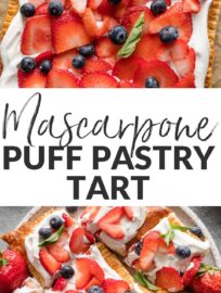 This puff pastry tart with whipped, sweetened mascarpone is super easy to put together and will be the hit of any gathering. Top with fresh, seasonal fresh berries or fruit to make this a centerpiece any time of the year.