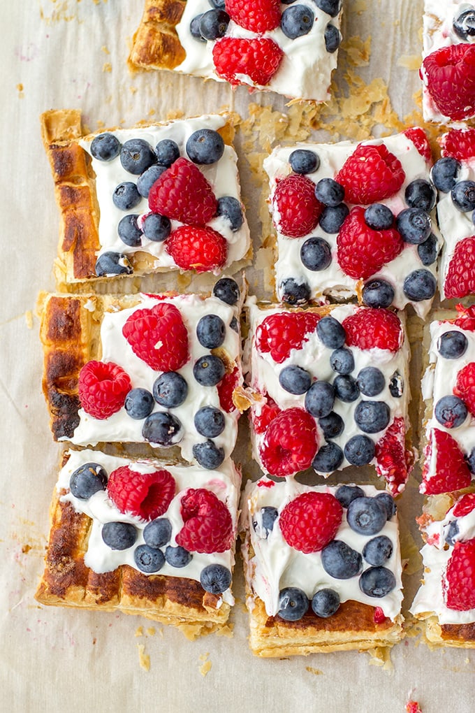 Mixed berry puff pastry tart with mascarpone - a perfect summer dessert, great for Fourth of July!