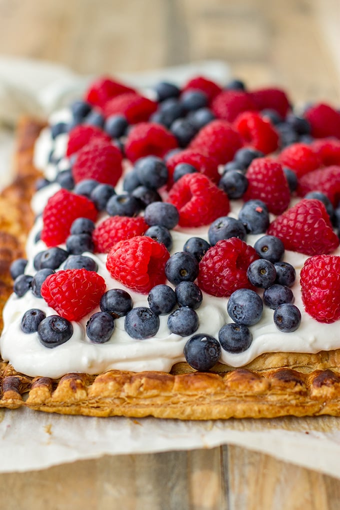 Mixed berry puff pastry tart with mascarpone - a perfect summer dessert, great for Fourth of July!