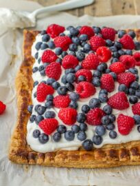 Puff pastry tart with berries and mascarpone. A perfect summer dessert, great for Fourth of July!
