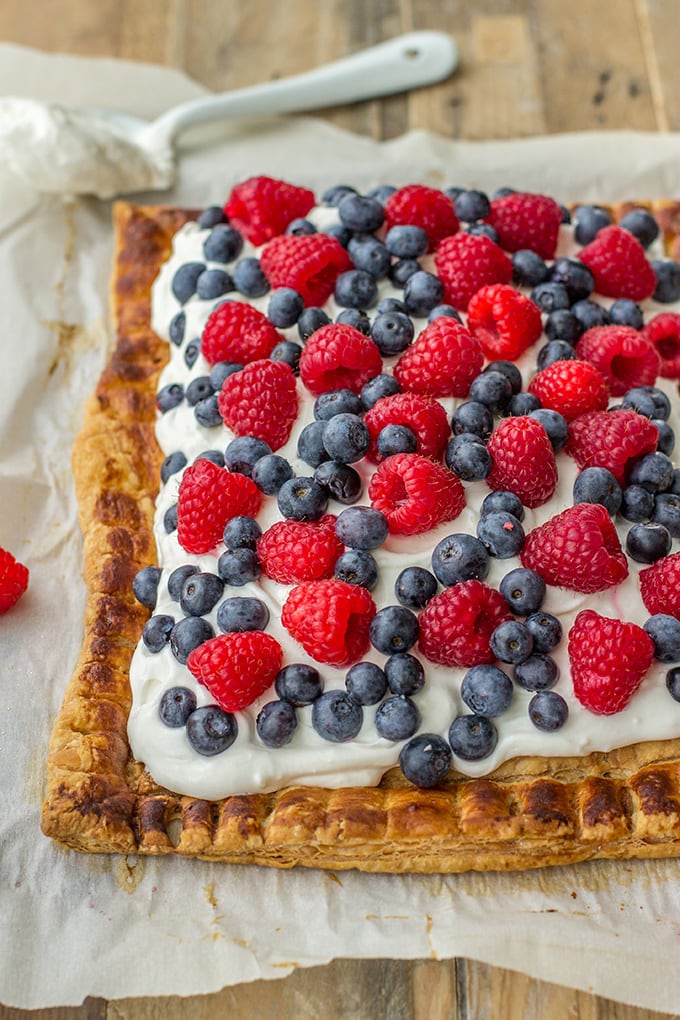 Mixed berry puff pastry tart with mascarpone - a perfect summer dessert, great for Fourth of July!