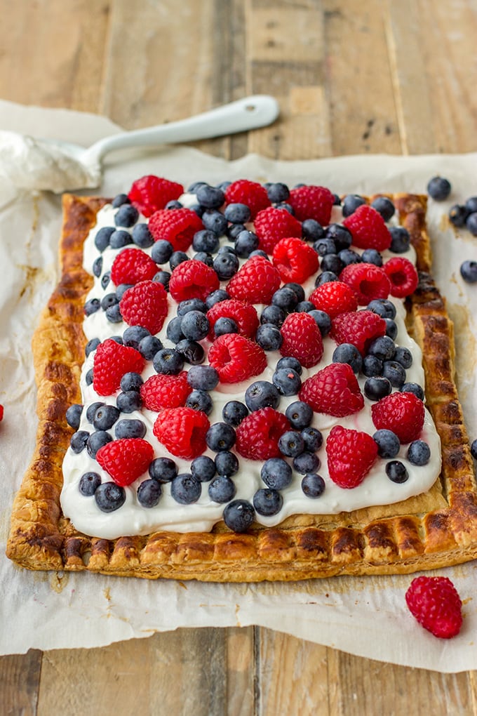 Mixed berry puff pastry tart with mascarpone - a perfect summer dessert, great for Fourth of July!