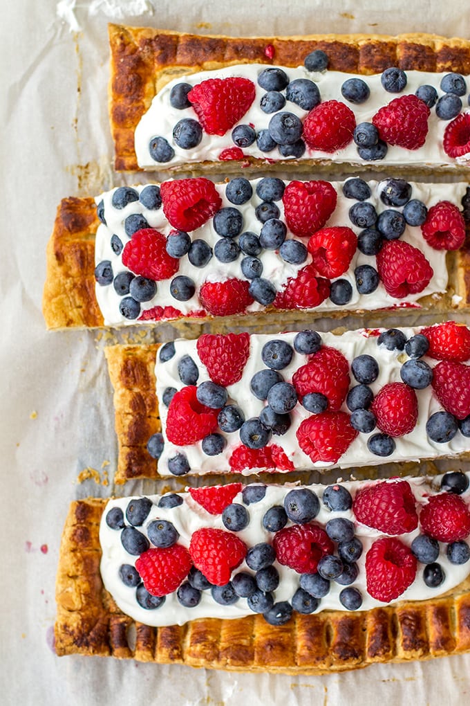 Mixed berry puff pastry tart with mascarpone - a perfect summer dessert, great for Fourth of July!