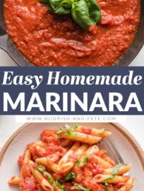 This simple marinara sauce is easy to make in your very own kitchen with just a handful of everyday ingredients. It has delicious Italian flavor, keeps well, and can be used in countless ways. This is a great staple recipe if you want to cook more basics from scratch.