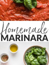 This simple marinara sauce is easy to make in your very own kitchen with just a handful of everyday ingredients. It has delicious Italian flavor, keeps well, and can be used in countless ways. This is a great staple recipe if you want to cook more basics from scratch.