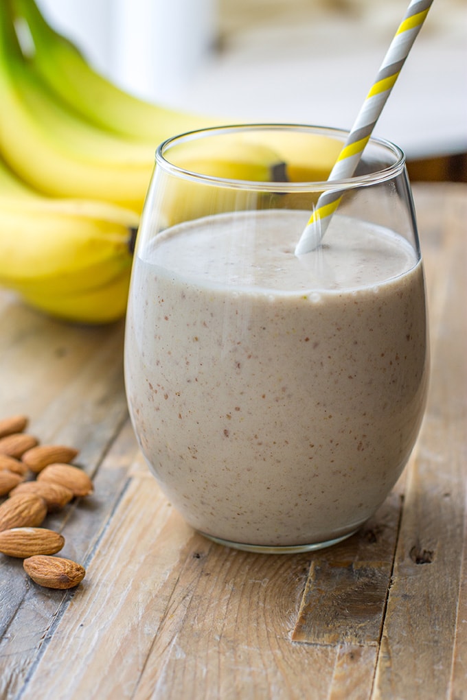 Wholesome banana almond milk smoothie with flax seeds, vanilla, and cinnamon. Like a healthy milkshake!