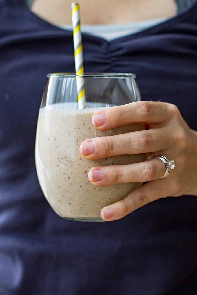 Wholesome banana almond milk smoothie with flax seeds, vanilla, and cinnamon. Like a healthy milkshake!