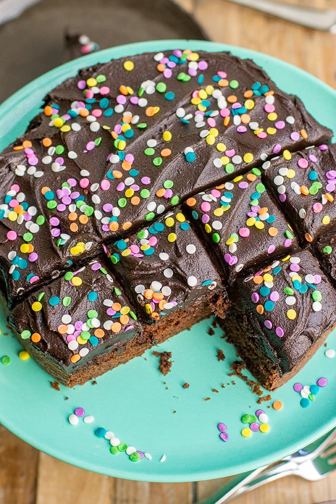 Everyday chocolate snack cake | Simple, one-layer chocolate cake with dark chocolate frosting, an easy dessert to feed a crowd.